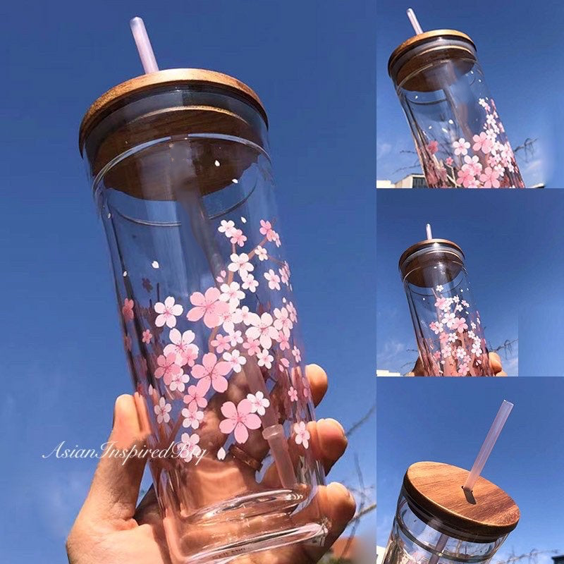 Japanese style Starbucks sakura Wooden Tumblers cover glass Straw cup 591ML  Cherry blossom Double layer coffee