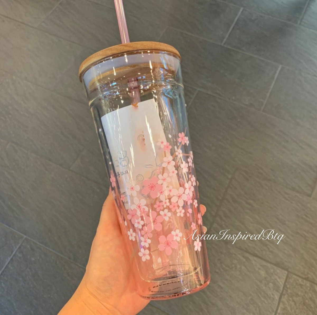 Japanese style Starbucks sakura Wooden Tumblers cover glass Straw cup 591ML  Cherry blossom Double layer coffee