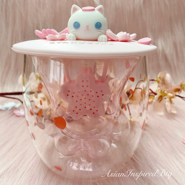 Cute Cat Tumbler with Lid and Straw - Cherry Blossom Sakura Cat