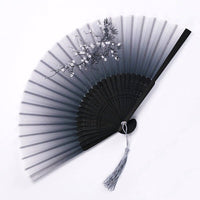 Chinese Japanese Folding Fan Wooden Shank Classical Dance Fan Tassel Fan