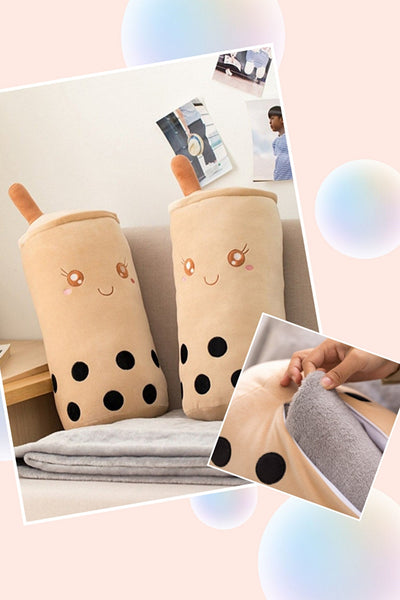 Boba Plush with Blanket inside for Warm Winter Boba Tea Bubble Pearl Milk Tea Plush with Blanket