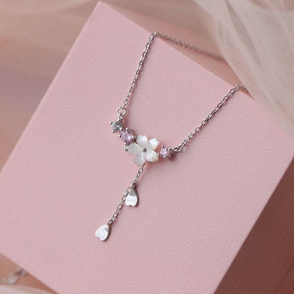 925 Silver Sakura Inspired Necklace Korean Style Handmade Jewelery Flora Cherry Blossom and Pink Crystals style