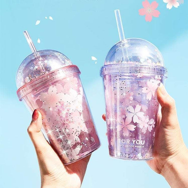 Beautiful Sakura Double Layers Coffee/Drink Sparkling Cup (Straw included) Cherry Blossom