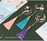 Cat and Flowers bookmark metal tassels style