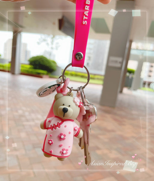 Bear with Sakura Chinese Style Dress Key Chain Phone Chain Cherry Blossom Chain
