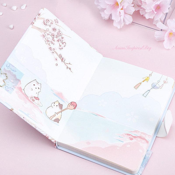 Cat and Sakura Notebook Journal Japanese Style Hardcover Diary Books Weekly Planner Handbook Cherry Blossom Scrapbook