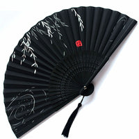 Chinese Japanese Folding Fan Wooden Shank Classical Dance Fan Tassel Fan