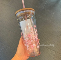 Double Layer Wood Cover Tall Sakura Cherry Blossom Glass Cup Korea